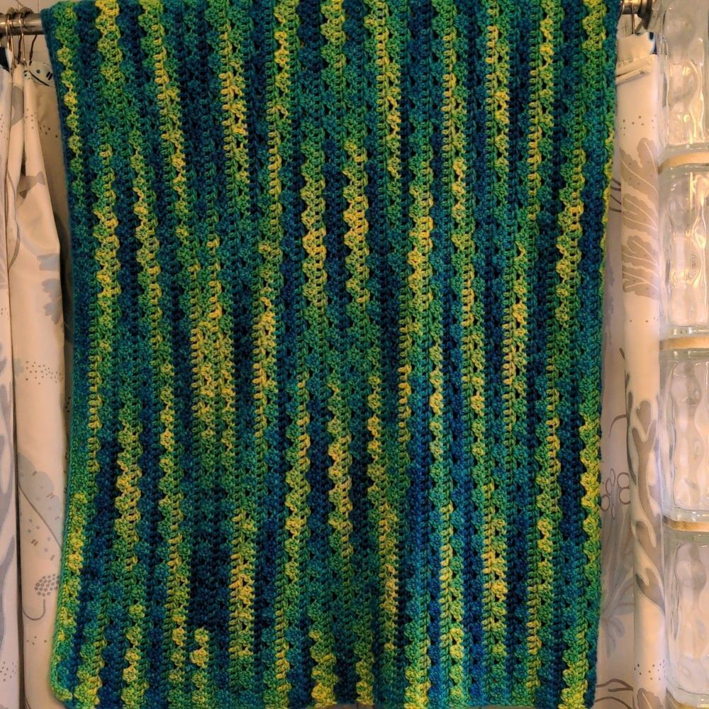 Handmade Blue Yellow Teal + Green Crochet Afghan Lap Throw Blanket